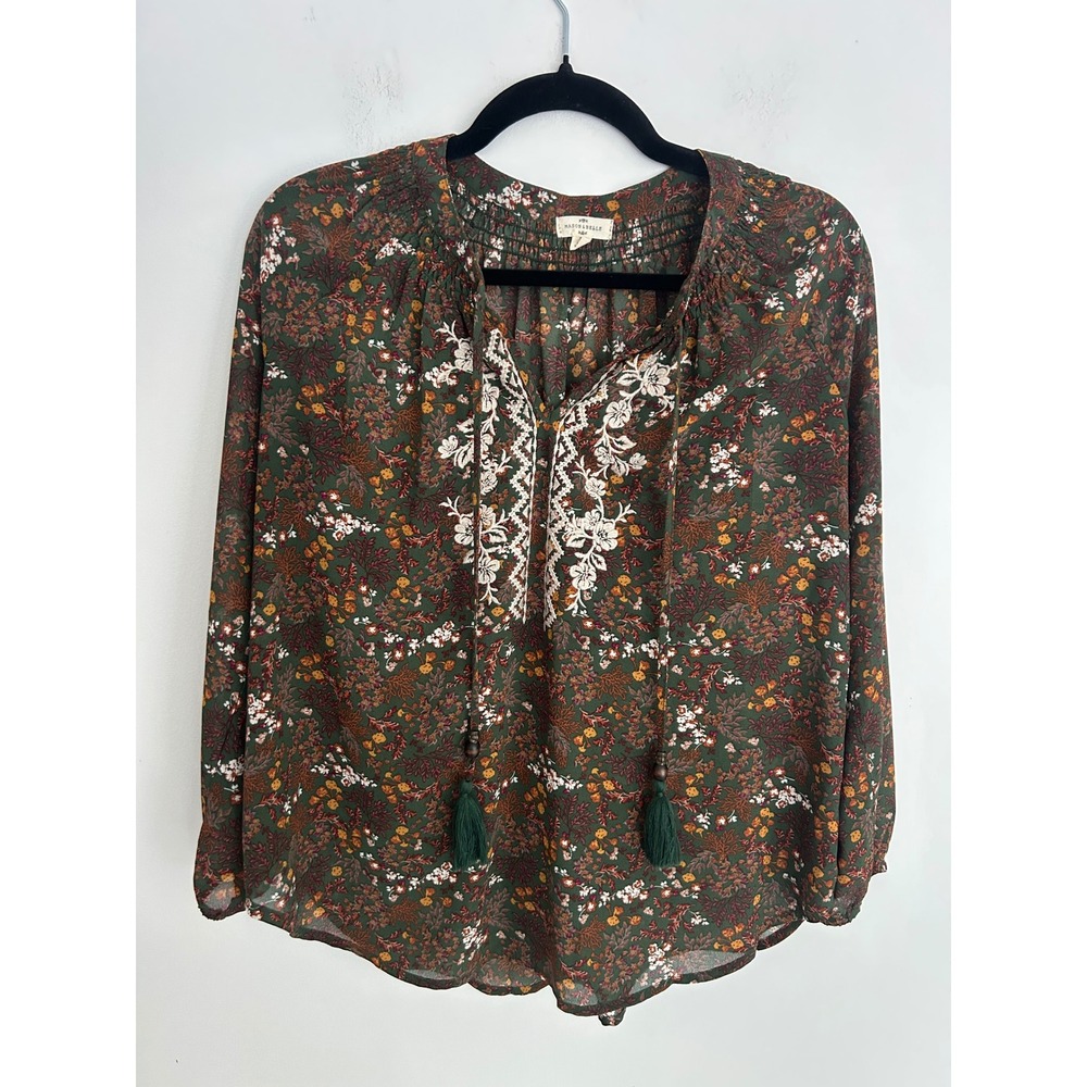 Mason & Belle Green Floral Embroidered Boho Peasant Blouse Tassel‎ Tie Medium